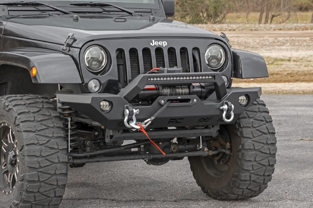 Jeep Wrangler Unlimited Front Bumper - Rough Country - Sport | OE Fog | Full Width LED Winch Bumper - '07-'10